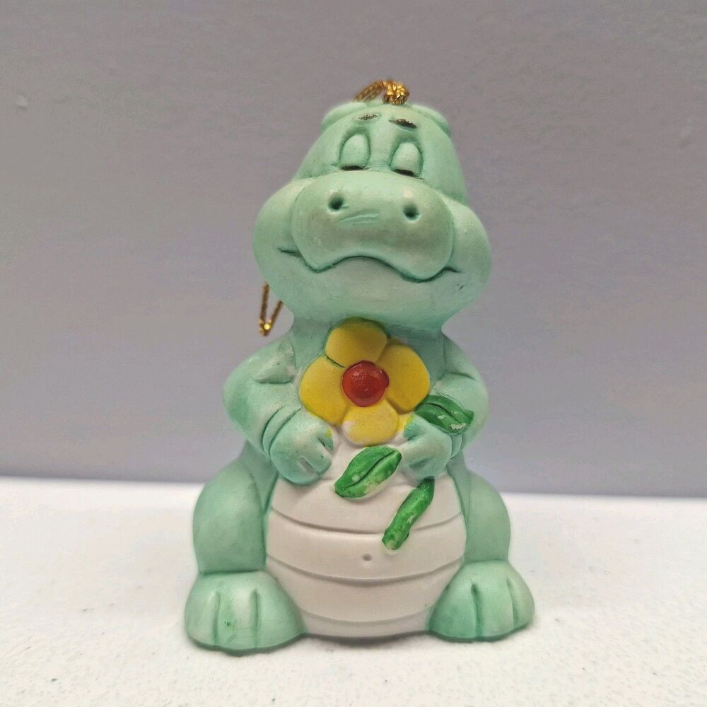Vintage Ceramic Dinosaur Bell Ornament Green Baby Dragon Flower 3" Hanging Decor